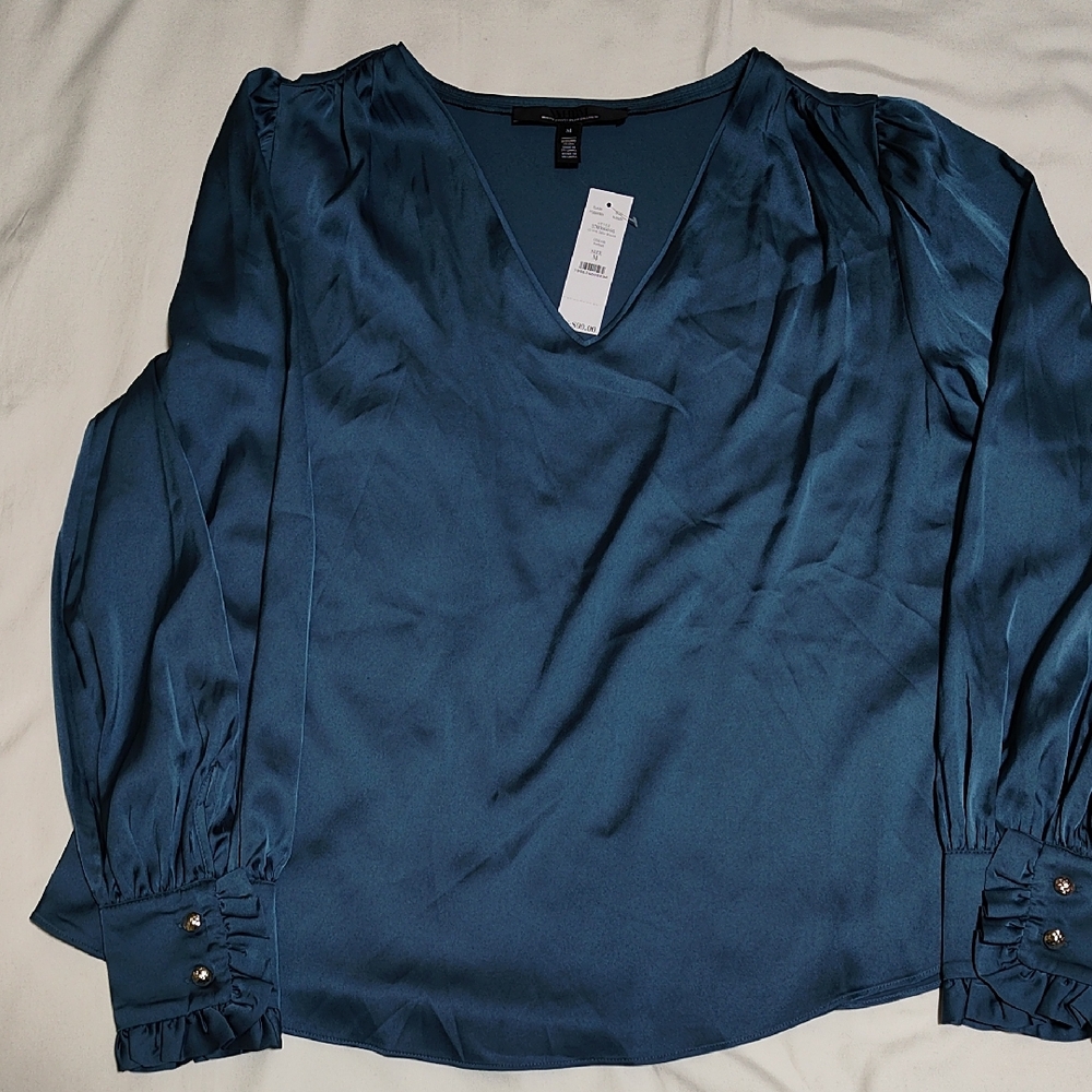 White House Black Market Teal Blouse with Button Cuffs